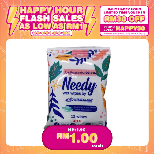 (HAPPY HOUR) NEEDY WET WIPES 99.9% ANTIBACTERIAL-FRAGRANCE PINK (10'S)